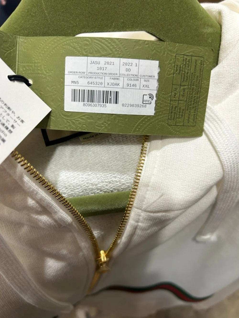 Men's Gucci cotton half zip hoodie signature green/red web trim gold size XXL